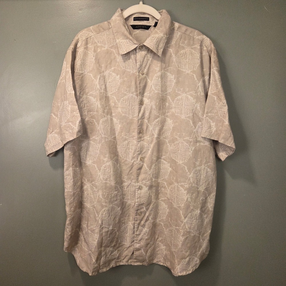 Axist Men's 100% Linen Short‎ Sleeve Button Up Shirt Size XL Hawaiian Geometric